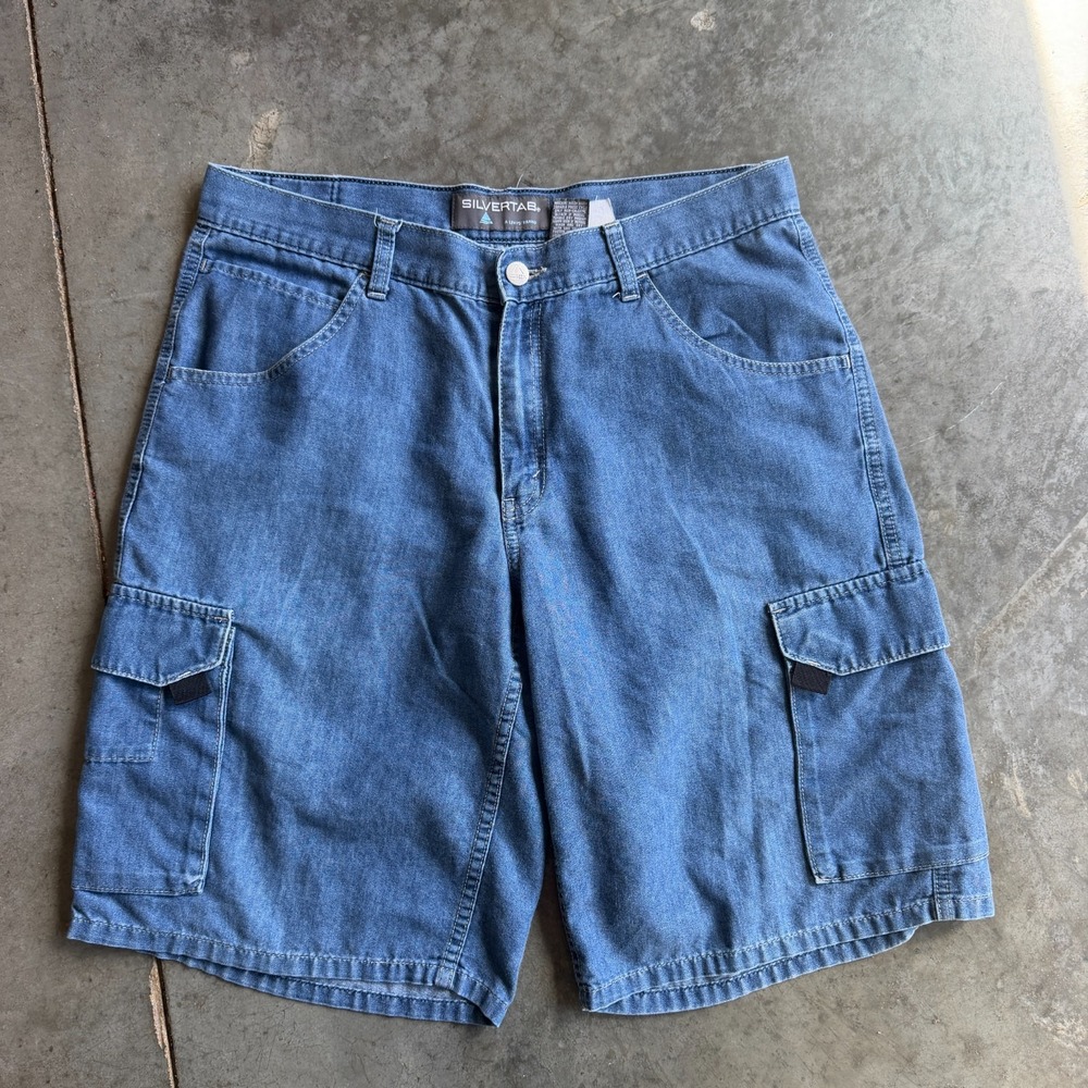 Vintage Y2K Levis Silvertab Blue Cargo Shorts Denim Mens 33 Soft Casual Comfort